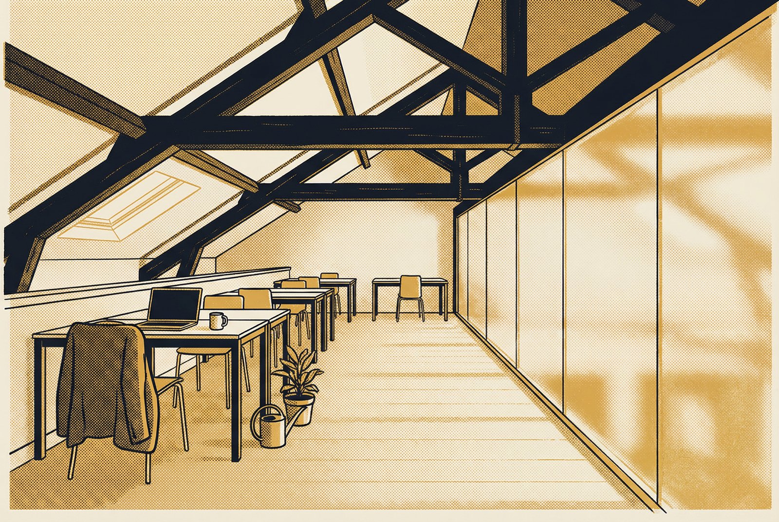 Halftone risograph illustration of the ND Agency room: a calm, empty mezzanine workspace with a sloped slate-and-beam ceiling, a frosted glass wall on the right glowing with morning light, perimeter desks, a tended plant, and small traces of recent presence — a jacket on a chair, a mug, an open laptop.