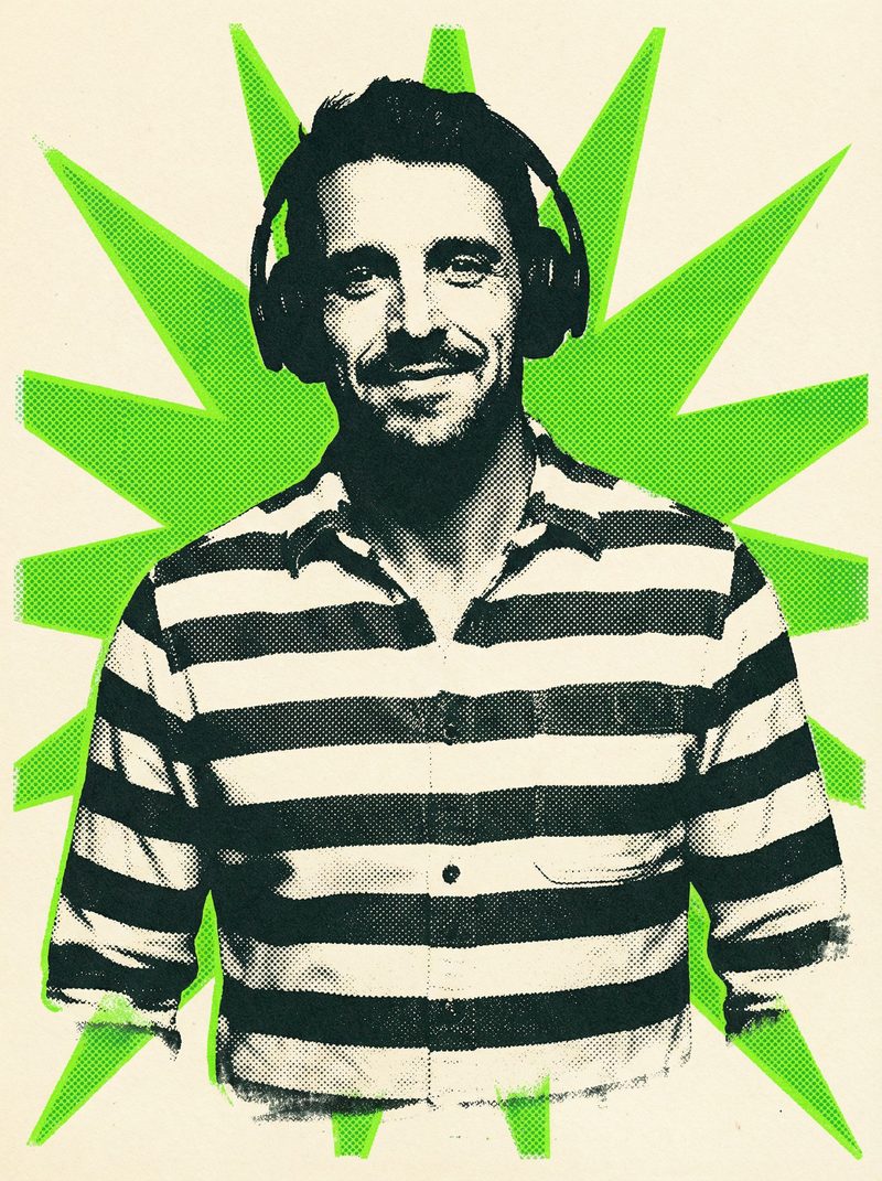 Halftone risograph portrait of Bryce Hepburn in a green and white striped shirt and headphones, with electric lime radiating shapes on a parchment background.