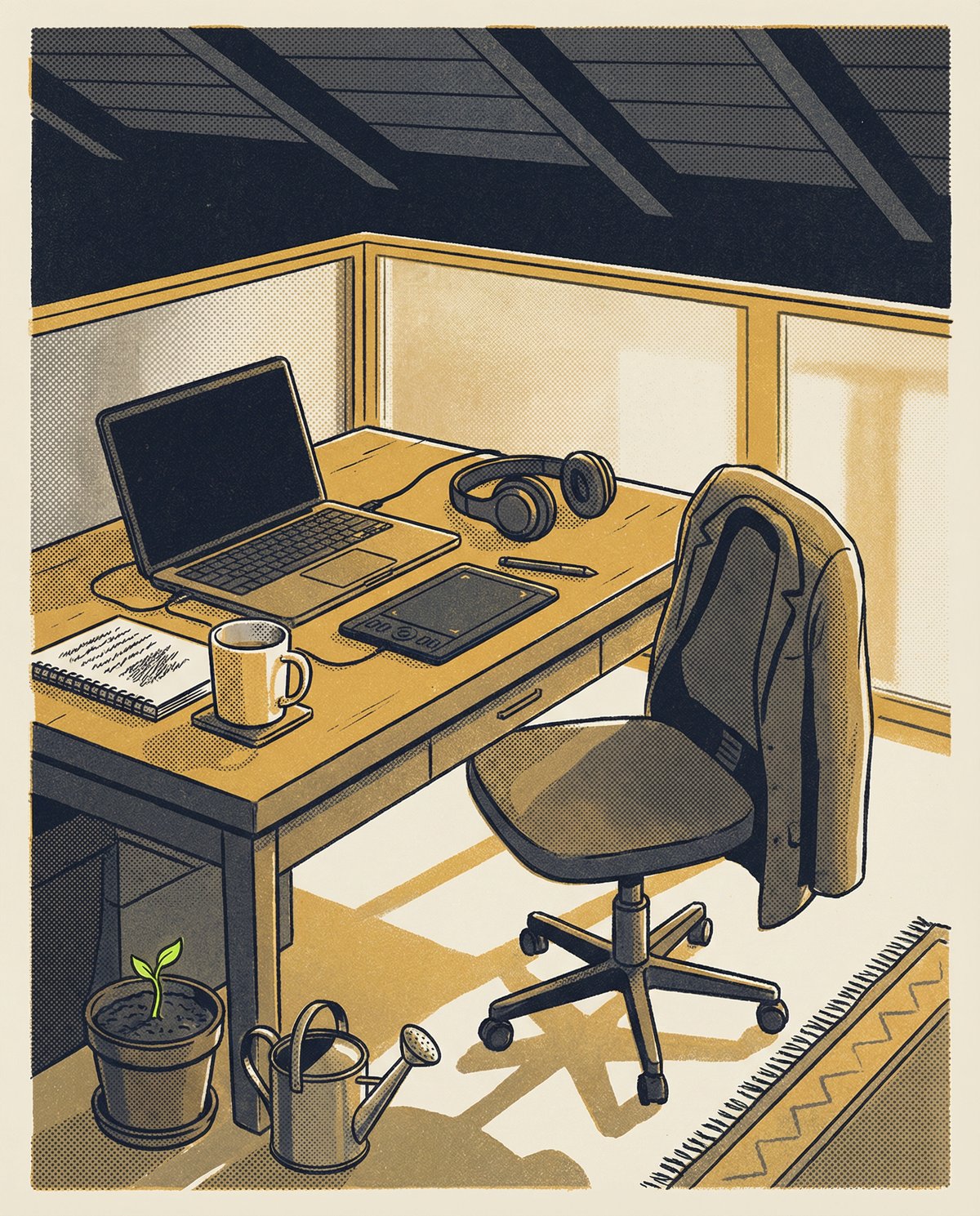 Halftone risograph close-up of a single empty workstation in the room: chair pulled out at a slight angle with a jacket over the back, an open laptop with a stylus tablet, headphones, an open notebook, a half-full mug, and a small potted plant on the floor with one tiny lime-green sprout — a small signal of life.