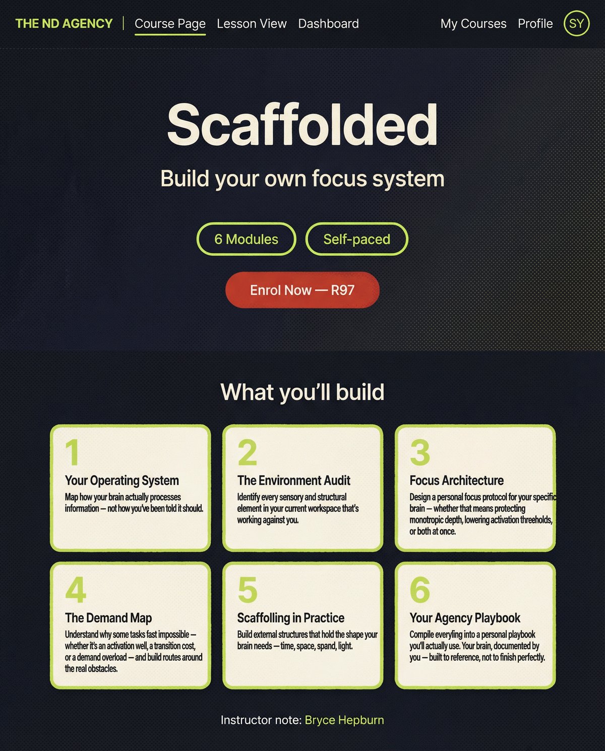 Stylised preview of the Scaffolded online course on LearnStage: six self-paced modules covering Your Operating System, The Environment Audit, Focus Architecture, The Demand Map, Scaffolding in Practice, and Your Agency Playbook.