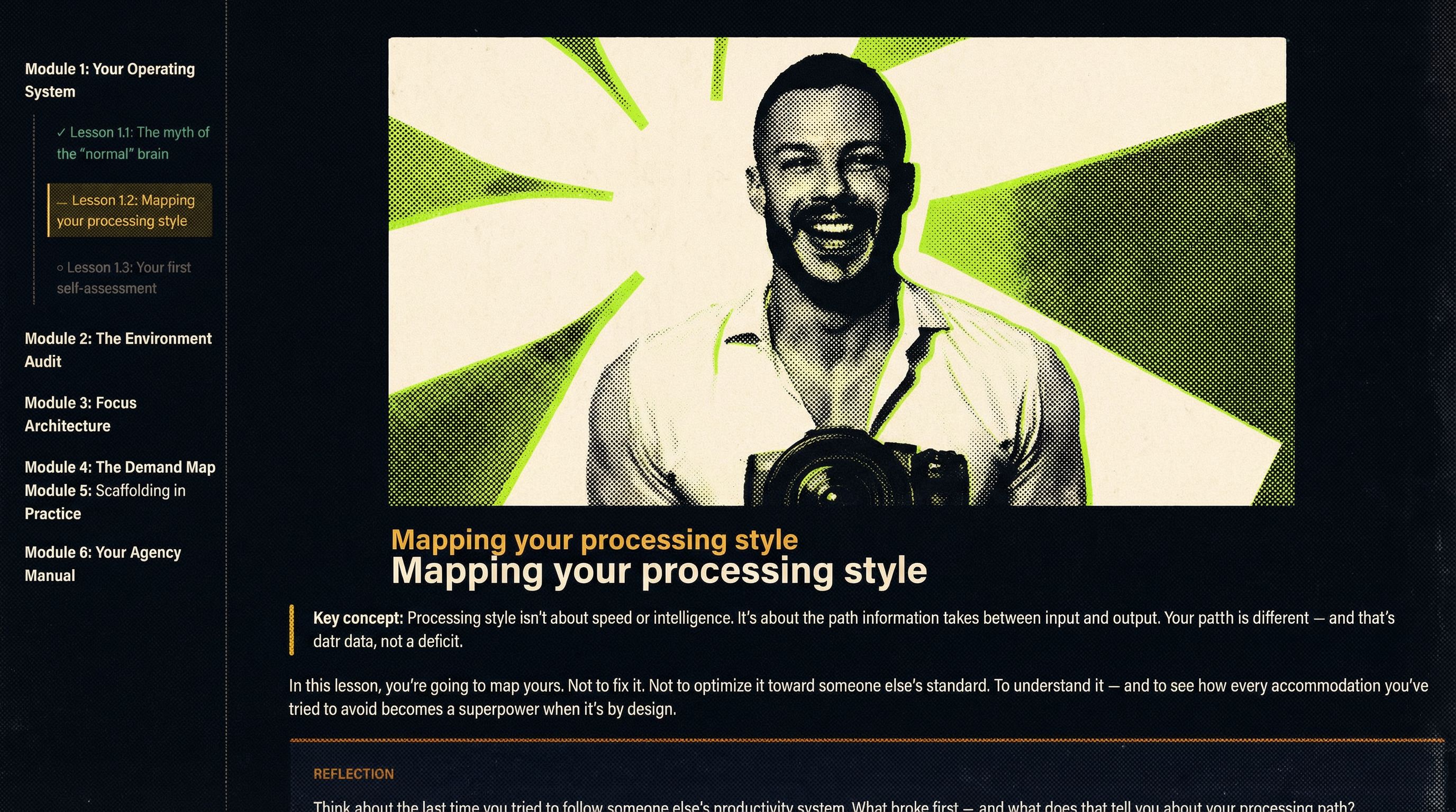 Halftone risograph illustration of the Scaffolded course lesson view: Andrew Wolhuter teaching on video with module sidebar navigation and lesson content below.