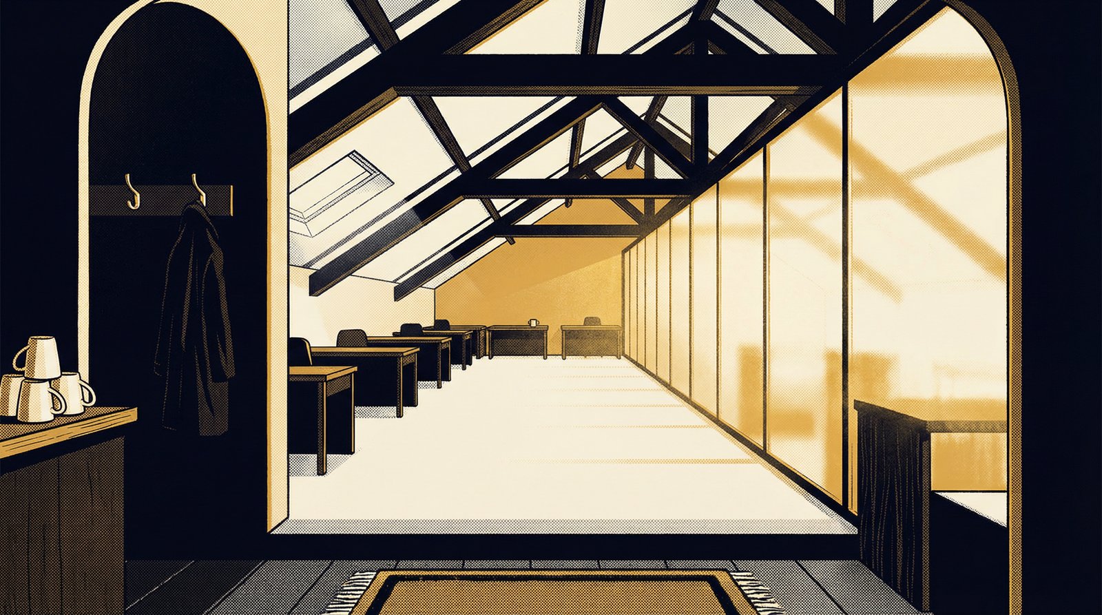 Halftone risograph illustration of the room from the threshold: an arched doorway frames the view, with a doormat at the viewer's feet, two coat hooks (one with a coat hung) and a small ledge of upside-down mugs to the left. Beyond the threshold the long oblong room recedes under a sloped slate-and-beam ceiling, perimeter desks lining the walls, and a full-height frosted glass wall on the right glowing warmly with morning light.