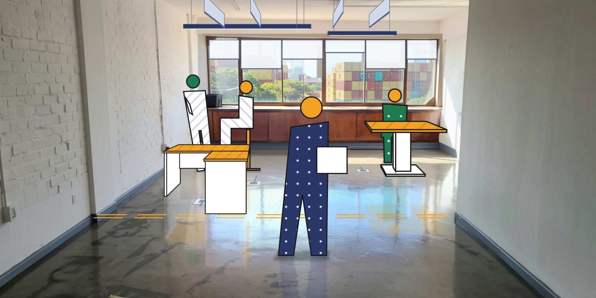 A photograph of the room: white brick walls, a polished concrete floor, and a long window that looks out over trees and stacked shipping containers. The room is empty. The desks and the four people in the picture are drawings added on top of the photograph.